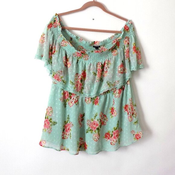 Torrid Swiss Dot off Shoulder Top Size 3X Floral Print Green - Picture 1 of 5